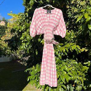 NICHOLAS pink off white plaid check belted dolman short sleeve midi dress